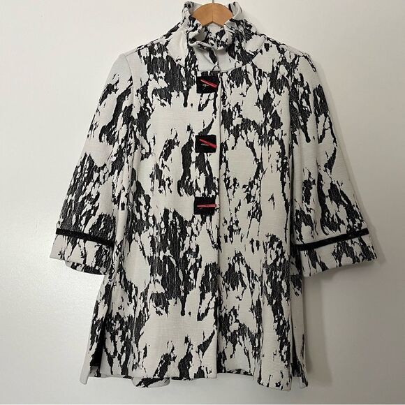 Joseph Ribkoff Jacquard Jacket Women's 2 Lagenlook Cream Black Red Funky Topper - Picture 1 of 12